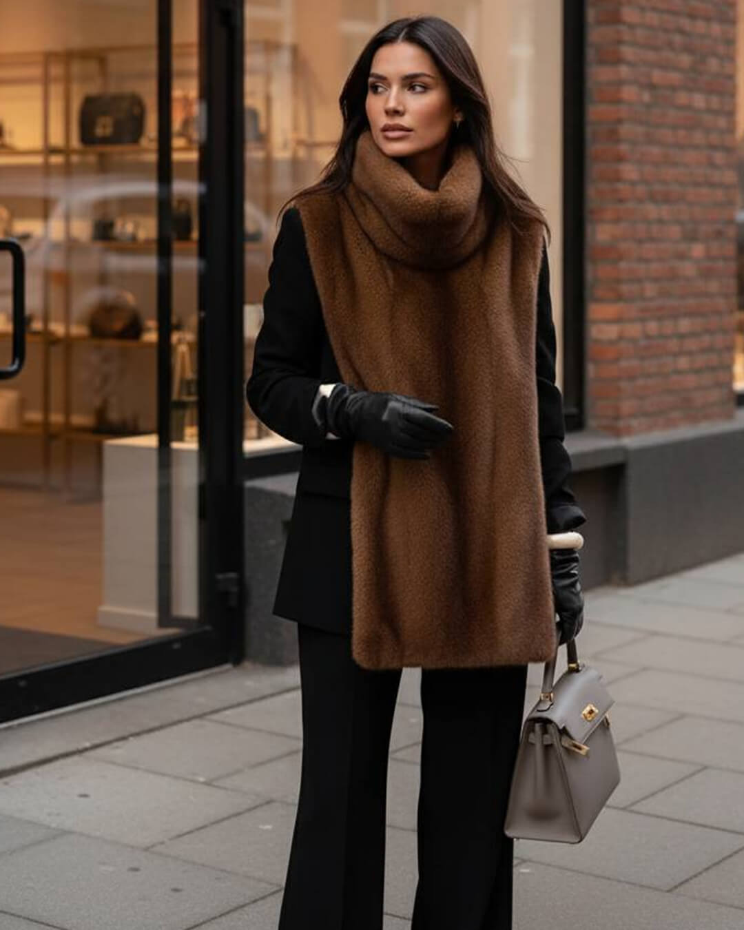 Woman wearing a brown scarf, black coat, and gloves, holding a gray handbag on a city street.